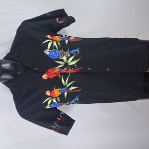 Red and Black Casual Button Down Shirt with Vibrant Tropical Designs